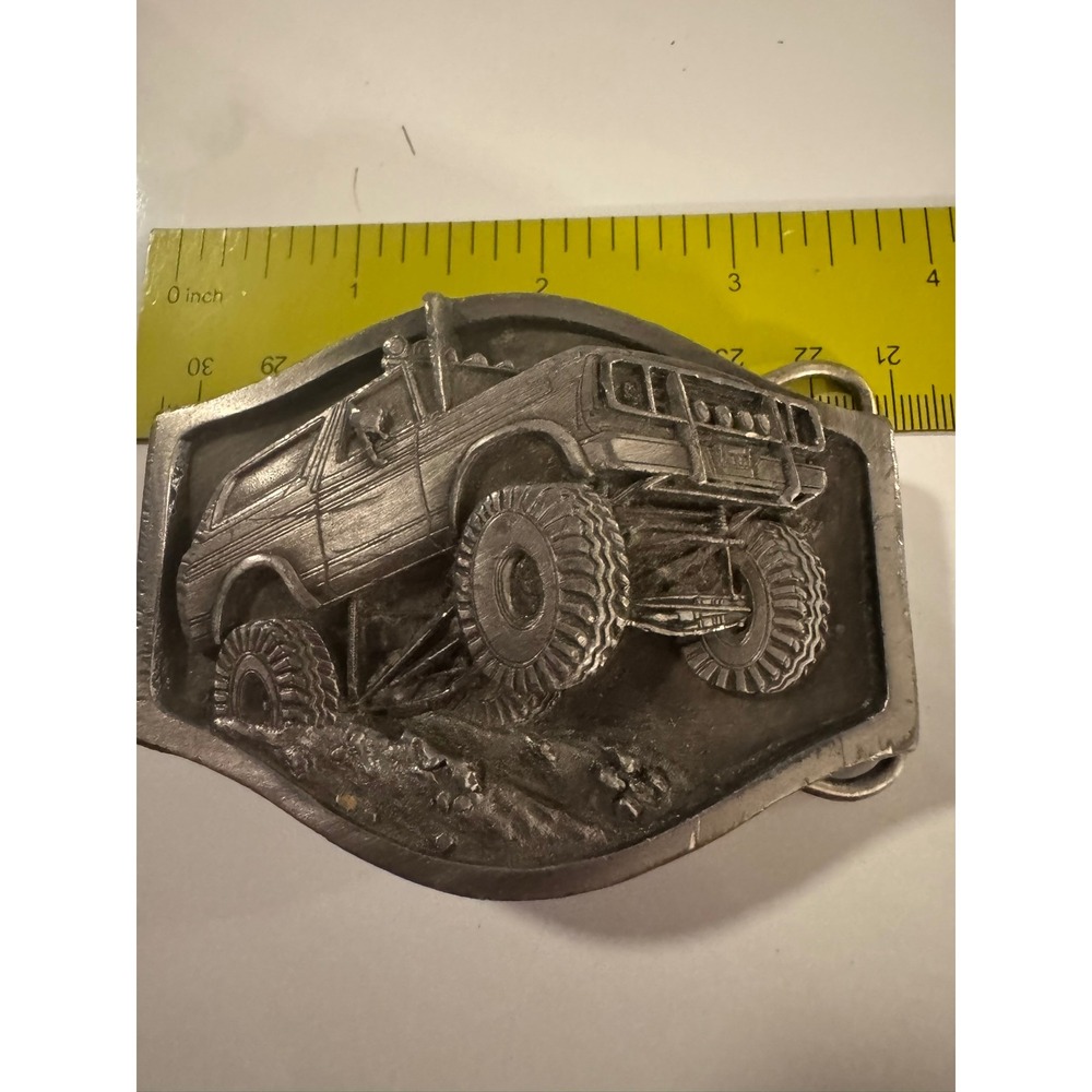 Vintage Monster Truck 4x4 Off Road SUV Belt Buckle Silver Tone 3D Relief 1988